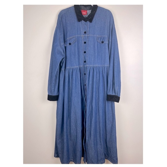 Venezia 80s 90s Vintage Prairie Midi / Maxi Denim Dress Velvet Collar | XL / 2XL - Picture 1 of 7